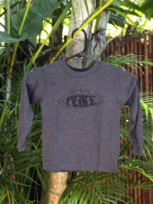 Dark Grey Heather 'Guru of Peace' shirt with palm trees background.
