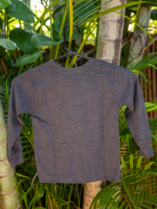 Grey long sleeve shirt with palm trees background.