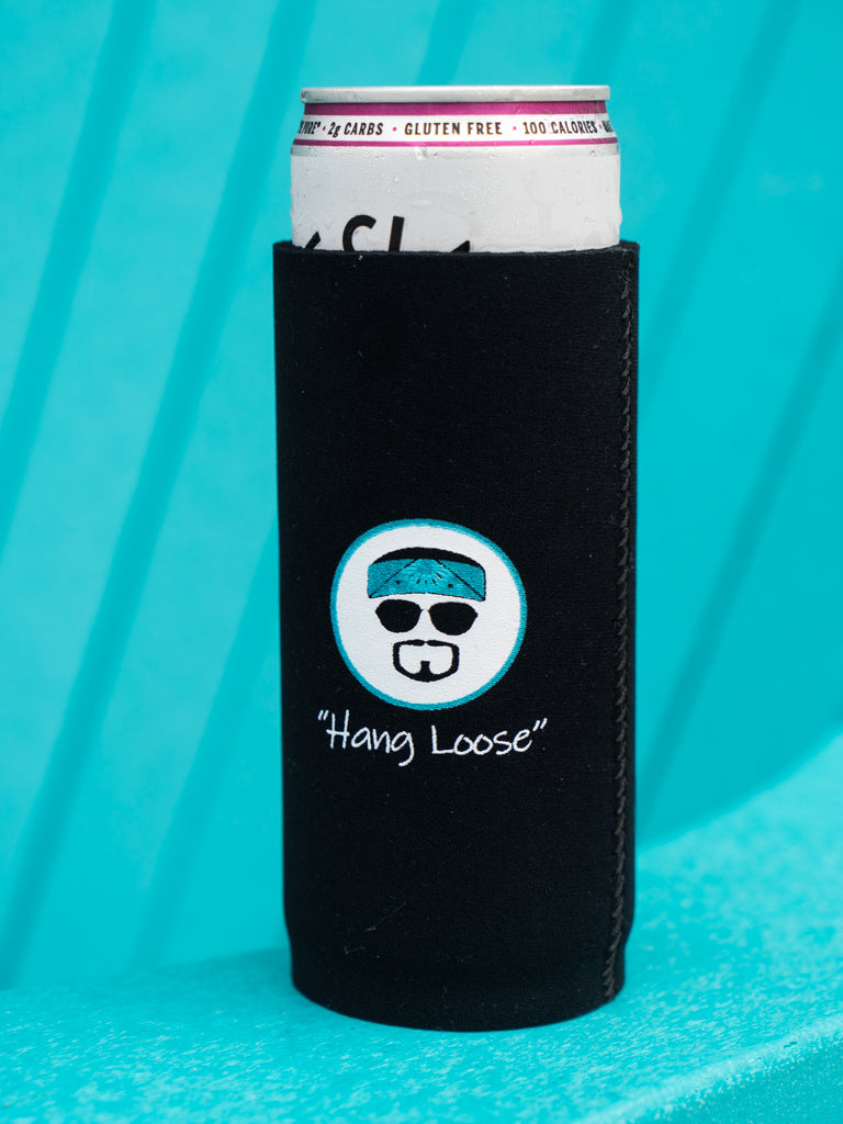 Black 'Hang Loose' branded can cooler on a blue chair.