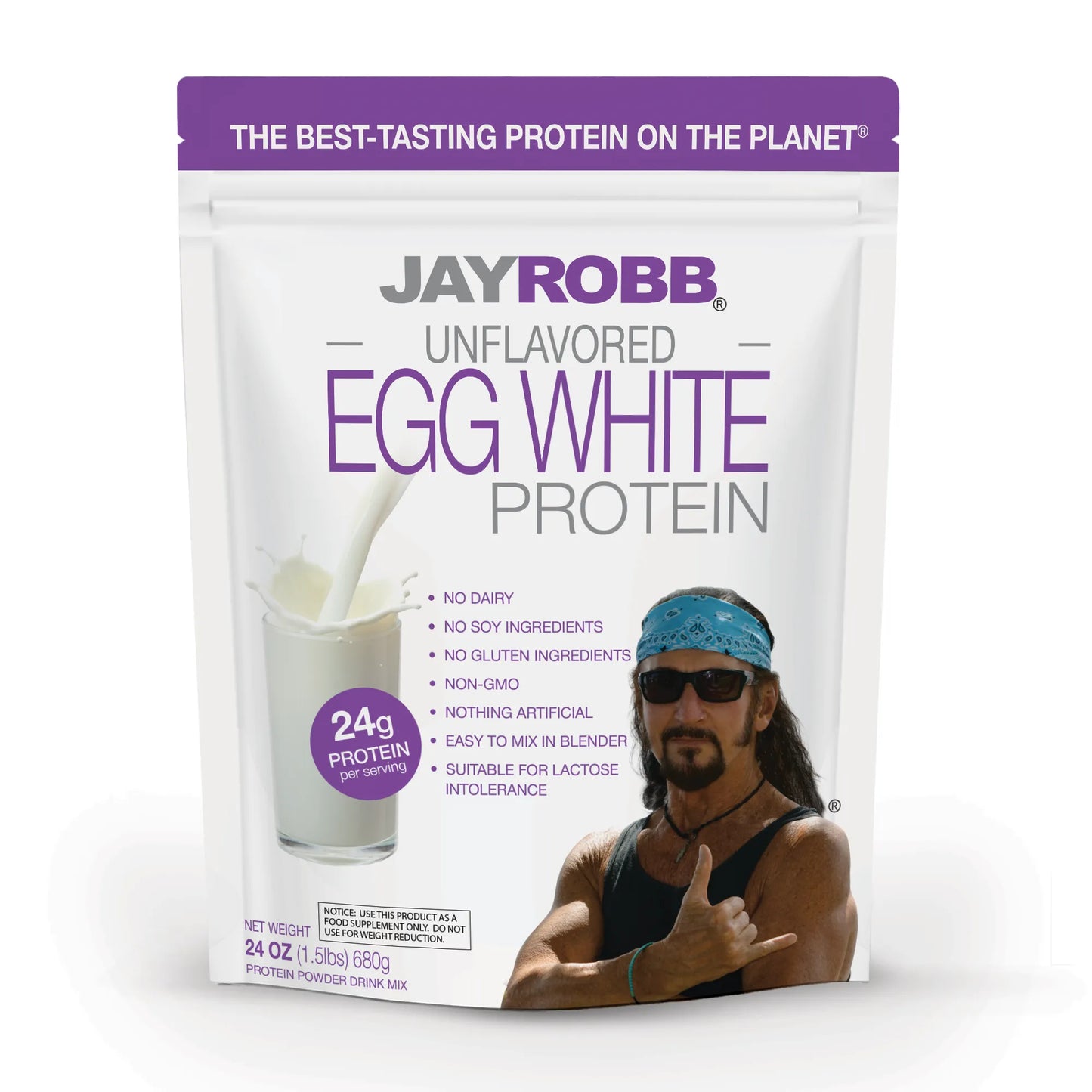 Jay Robb egg white protein package on a white background