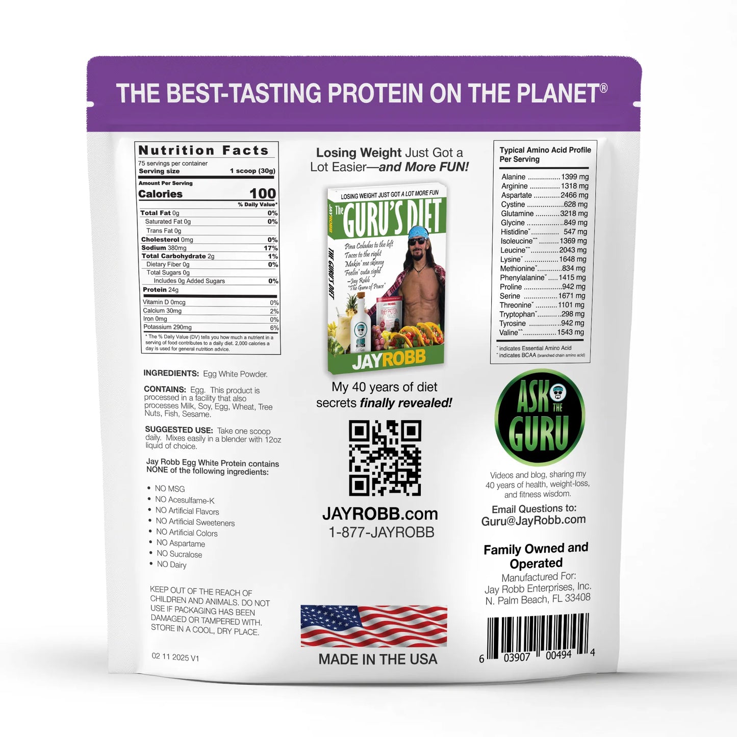 Protein powder package with branding and product information on a white background