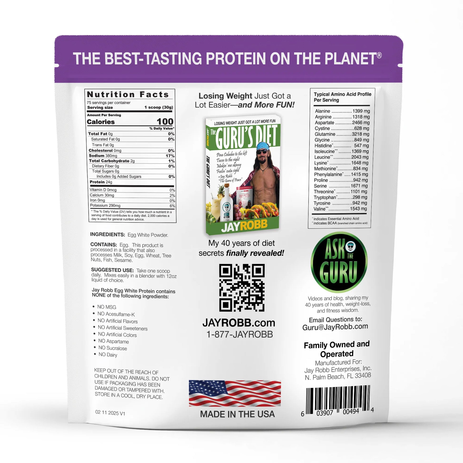 Protein powder package with branding and product information on a white background