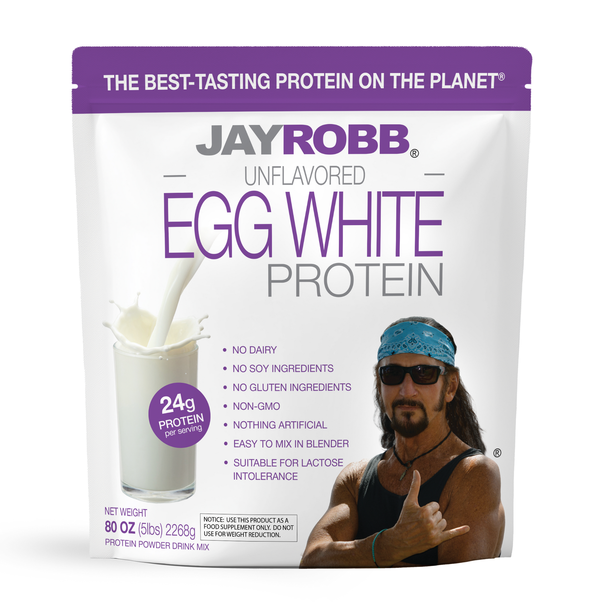 Jay Robb egg white protein package with a person giving a thumbs-up on a white background