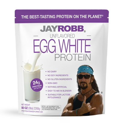 Jay Robb egg white protein package with a person giving a thumbs-up on a white background