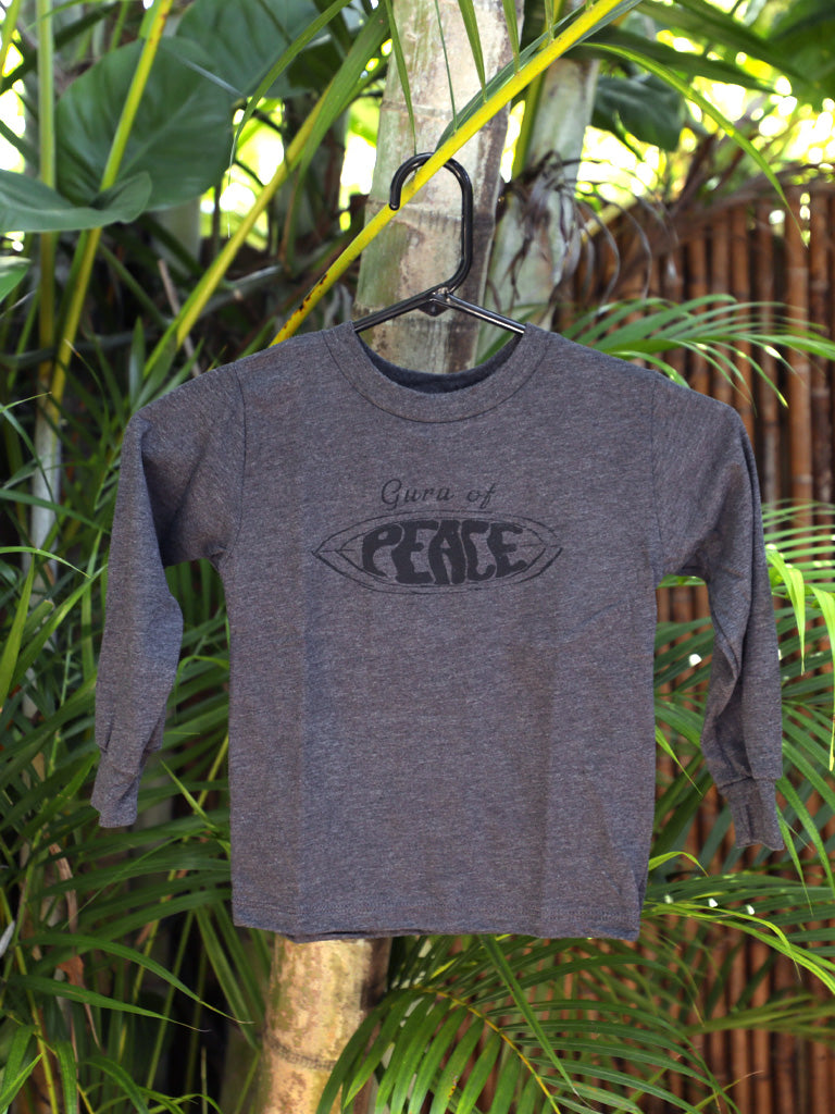 Dark Grey Heather 'Guru of Peace' shirt with palm trees background.