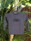 Dark Grey Heather 'Guru of Peace' shirt with palm trees background.