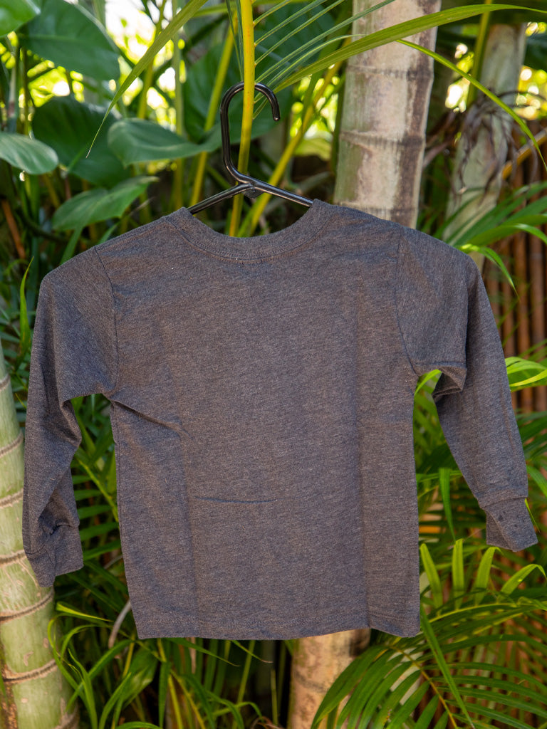 Grey long sleeve shirt with palm trees background.