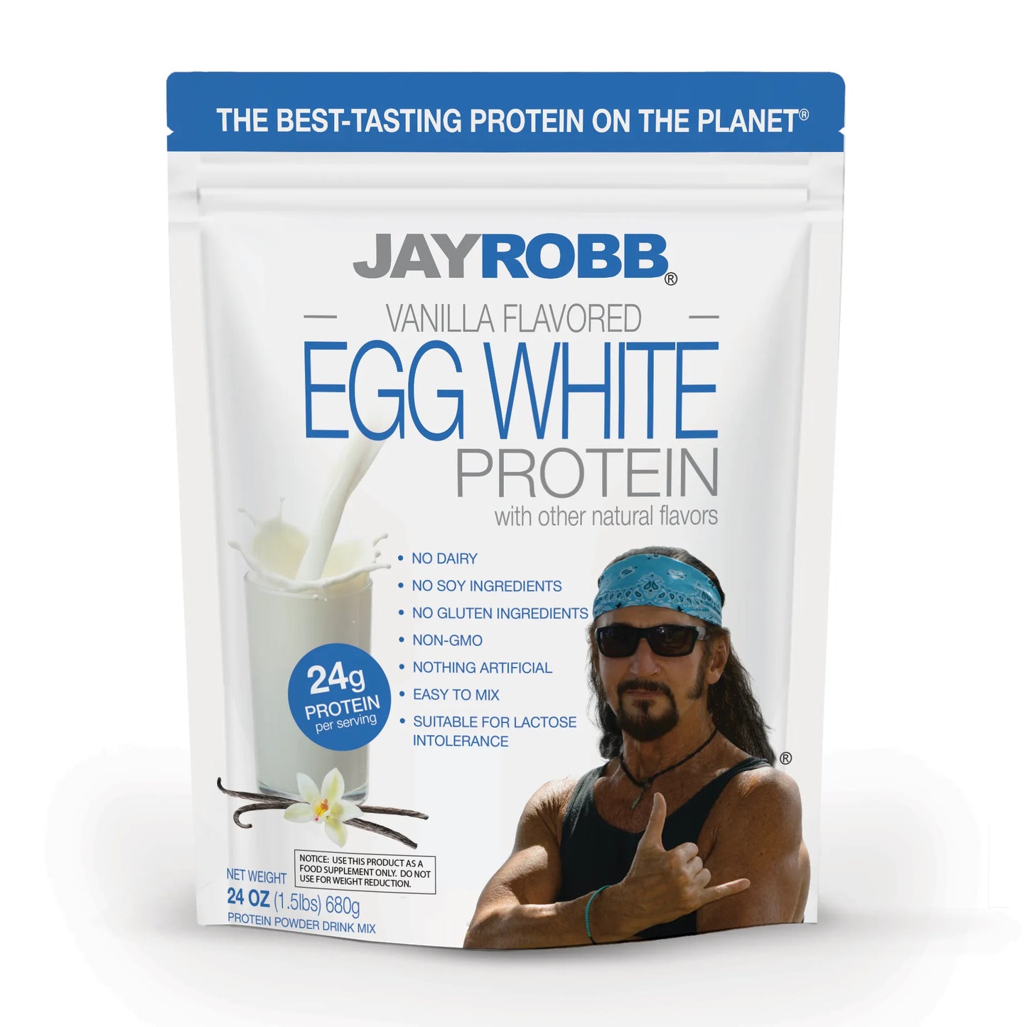 Jay Robb vanilla flavored egg white protein package on a white background