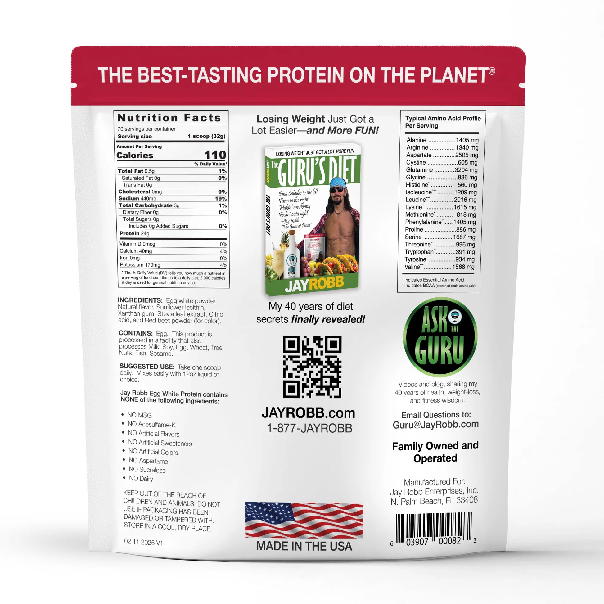 Protein powder package with nutritional information and branding on a white background