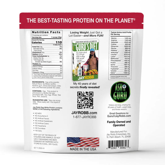 Protein powder package with nutritional information and branding on a white background