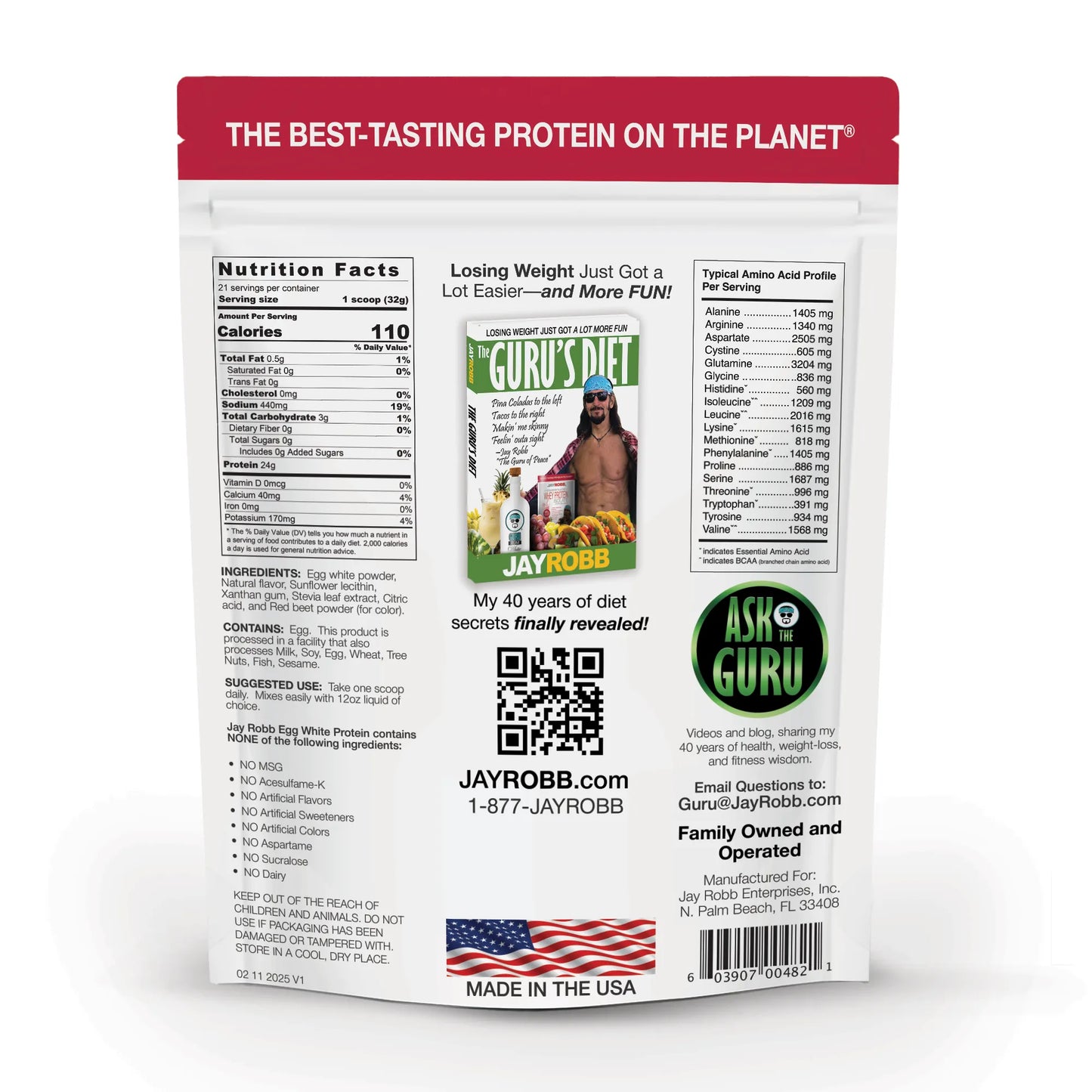 Protein package with branding and product information on a white background