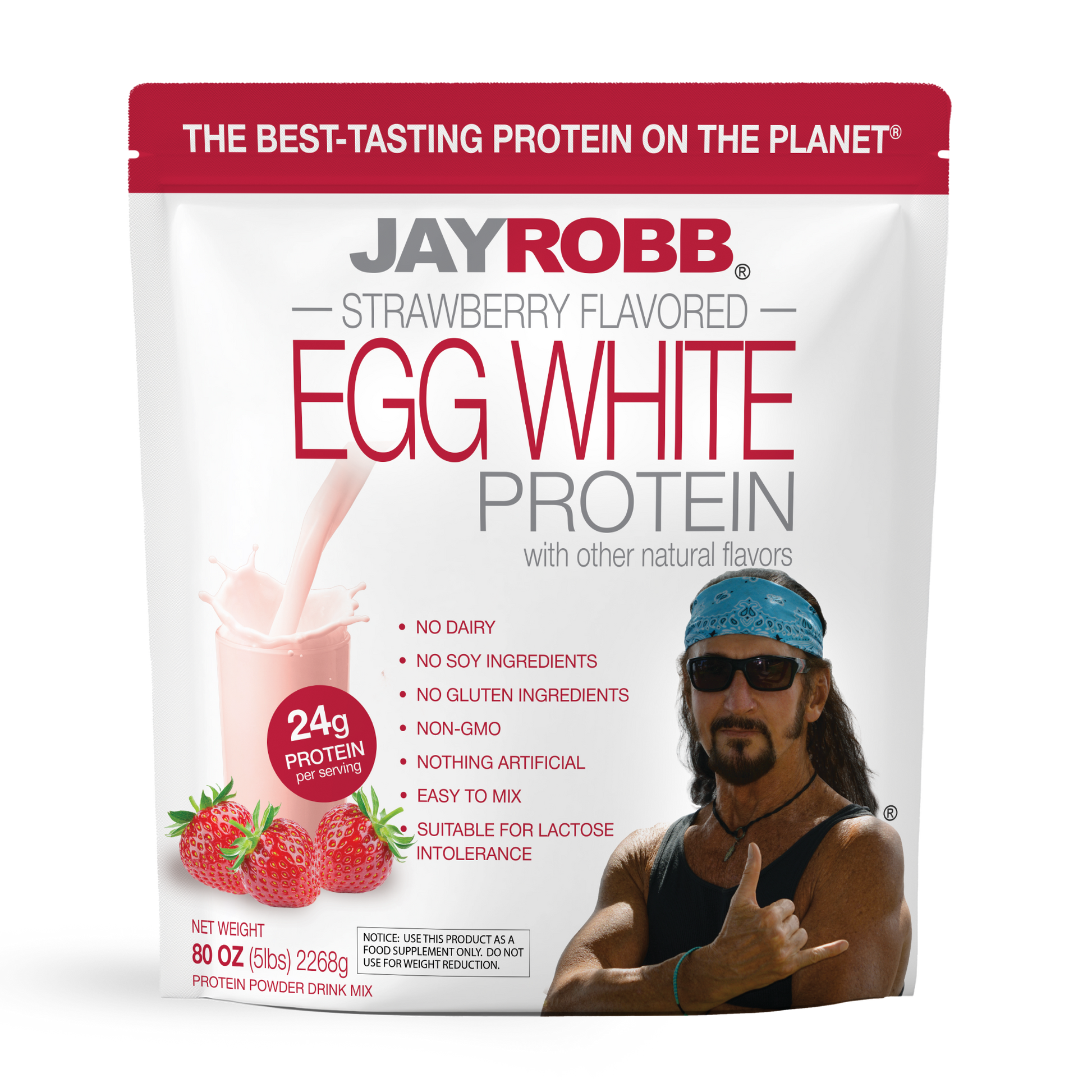 Jay Robb strawberry flavored egg white protein package on a white background