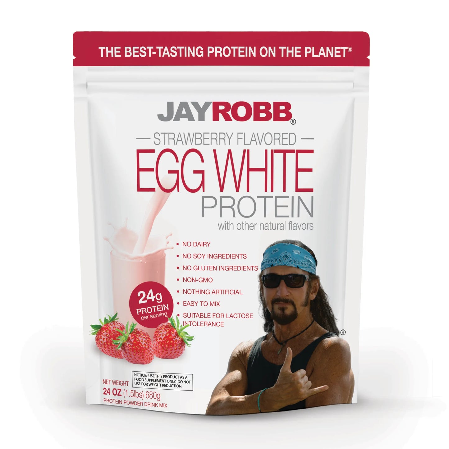 Jay Robb strawberry flavored egg white protein package on a white background