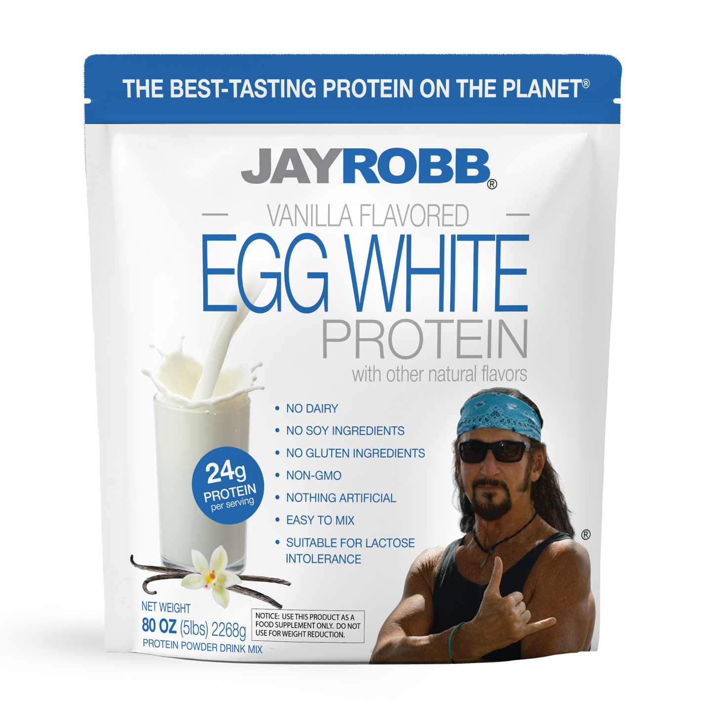 Jay Robb vanilla flavored egg white protein package on a white background