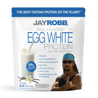 Jay Robb vanilla flavored egg white protein package on a white background