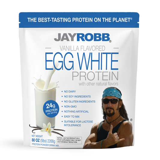 Jay Robb vanilla flavored egg white protein package on a white background