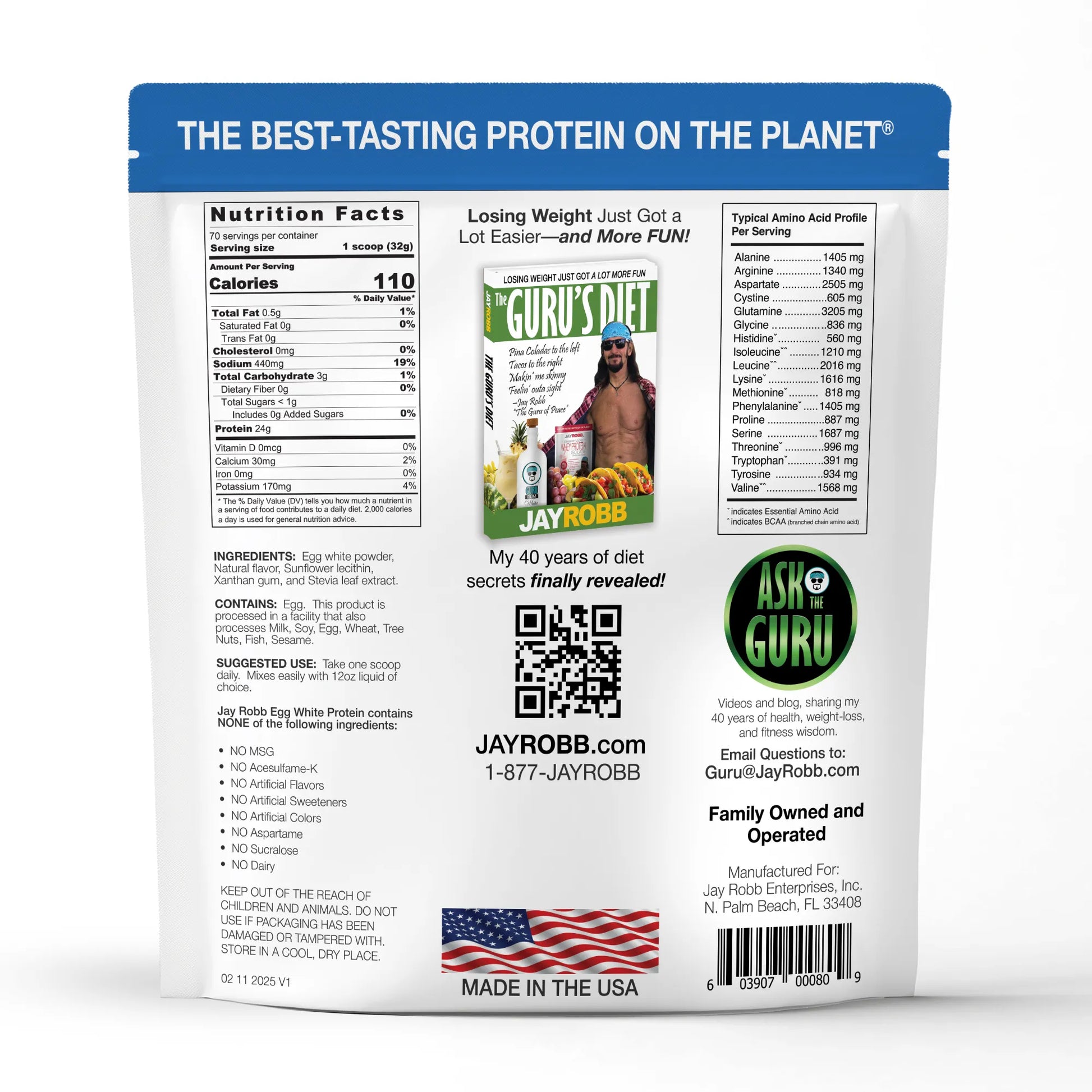 Back of a protein powder package with branding and product details.