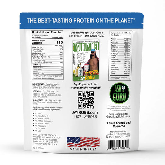 Back of a protein powder package with branding and product details.