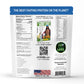 Back of a protein powder package with branding and product details.