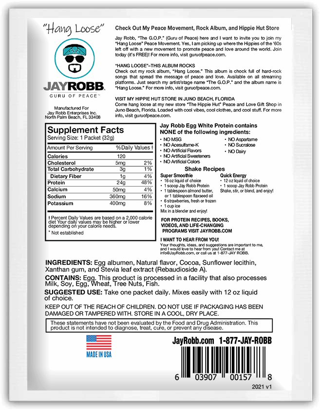 Protein powder package with Jay Robb branding and nutrition information