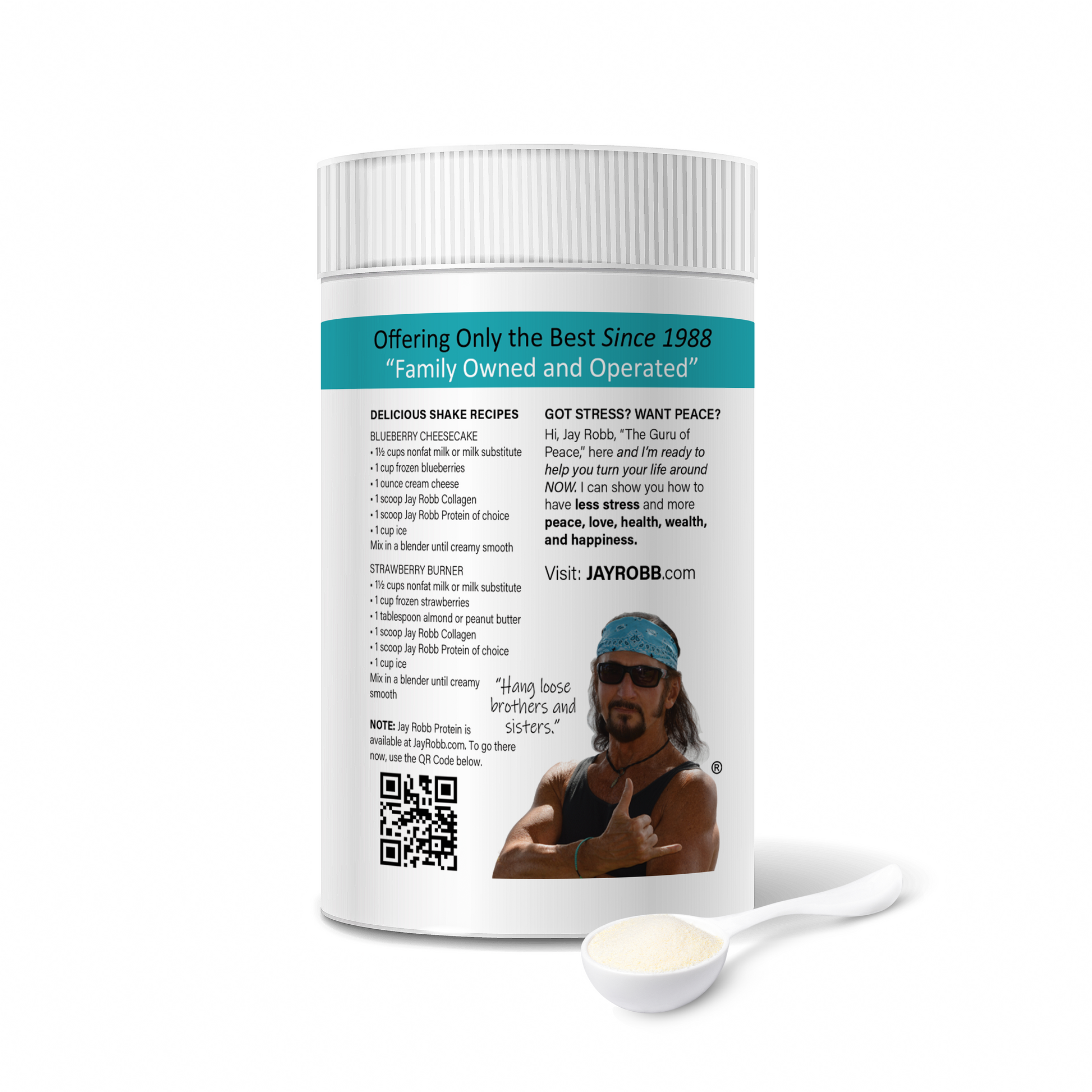 Jay Robb collagen peptides side view supplement container with a spoonful of powder on a white background