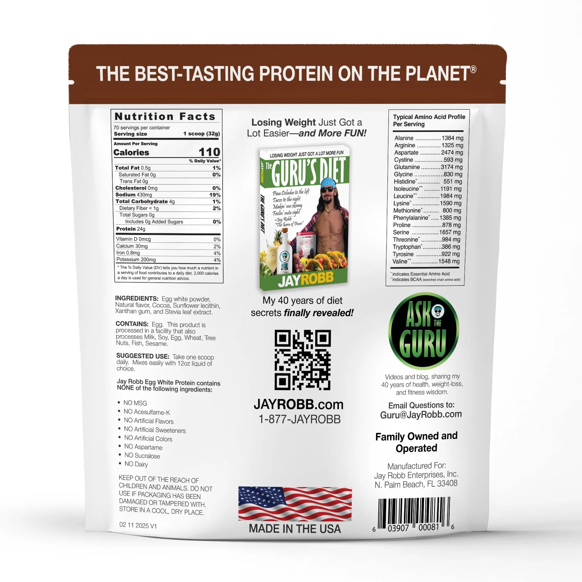 Protein powder package with Jay Robb branding and nutrition information
