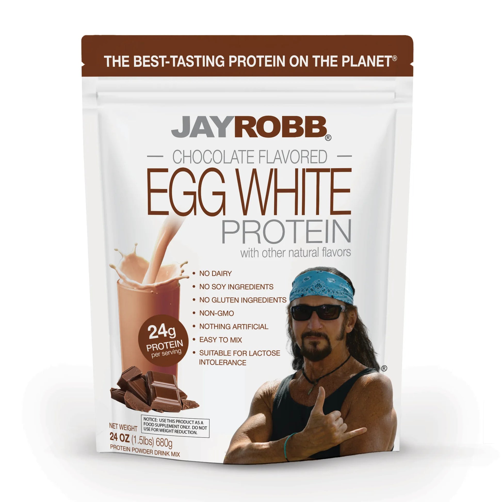 Jay Robb Egg White Protein package with a person in sunglasses and a bandana on a white background