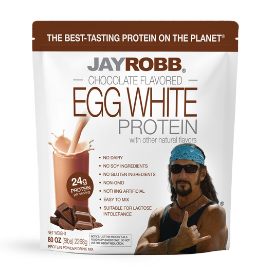 Jay Robb chocolate flavored egg white protein package on a white background