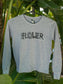 Grey long sleeve shirt with the words 'Flower Child'